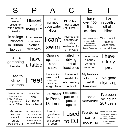 SPACE Icebreaker Bingo Card