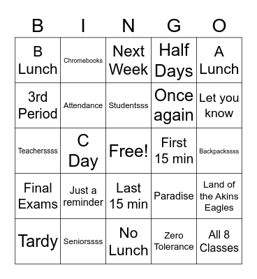 Announcement Bingo Card