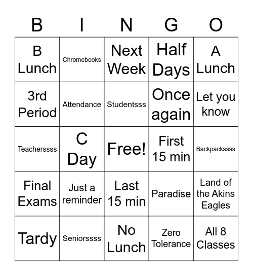 Announcement Bingo Card