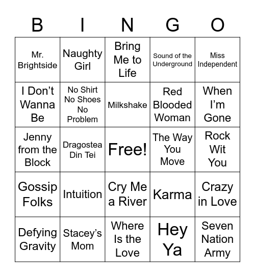 SONGS OF 2003 Bingo Card