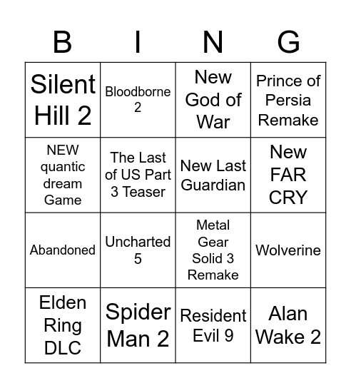 Playstation Showcase Bingo Card