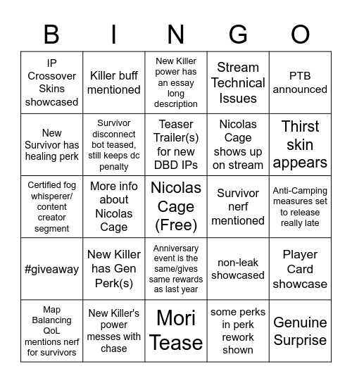 DBD 7th Anniversary Stream Bingo Card