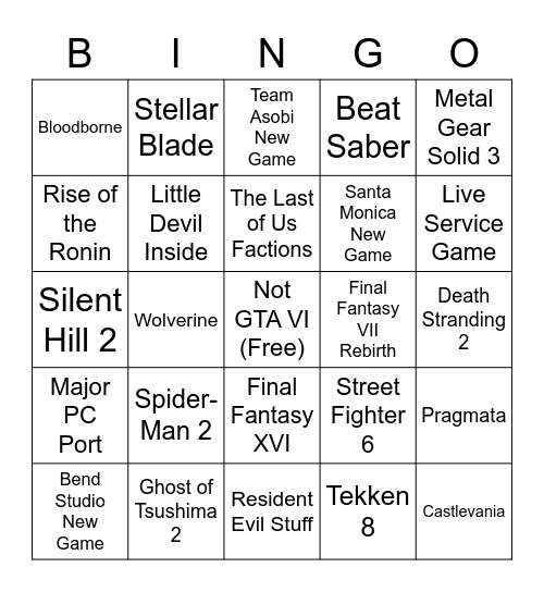 PlayStation Showcase Bingo Card