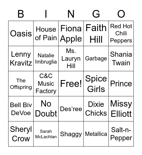 90s Music Bingo Card