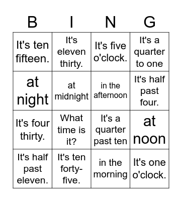 What time is it? Bingo Card