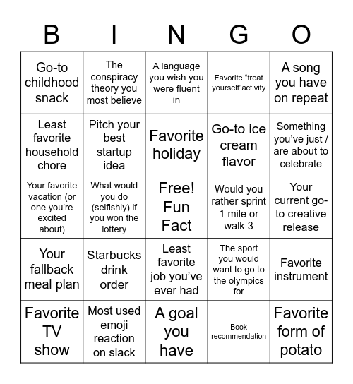 Get to Know You Bingo Card