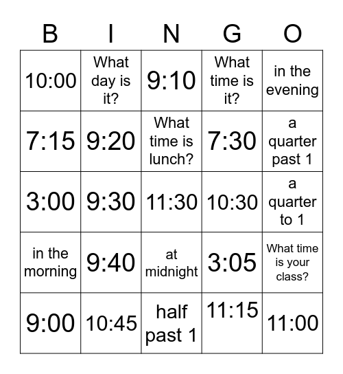 What Time Is It? 2 Bingo Card