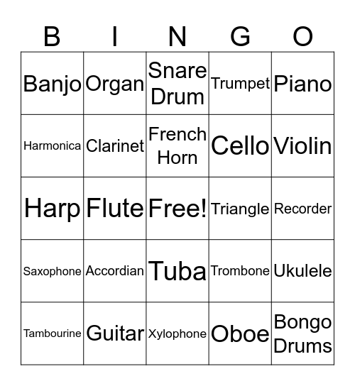 Musical Instrument Bingo Card