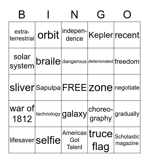 Scholastic Magazine:  Aliens Bingo Card