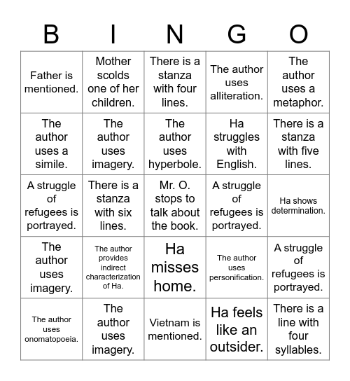 Reading Bingo - Inside Out & Back Again, p. 115-134 Bingo Card