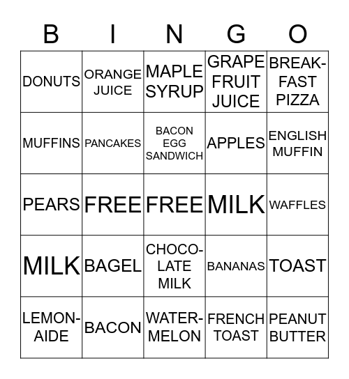 School Breakfast Bingo Card