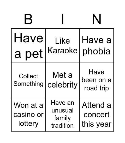 Fun icebreaker Bingo Card