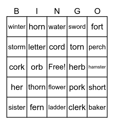 -or/-er words Bingo Card