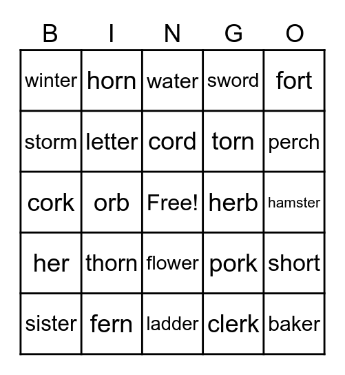 -or/-er words Bingo Card