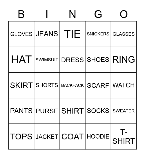 Wear and Carry Bingo Card