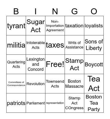 Causes of the American Revolution Bingo Card