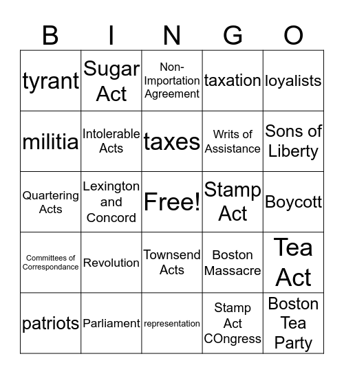 Causes of the American Revolution Bingo Card