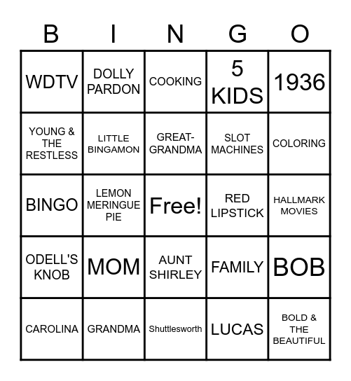 SHIRLEY Bingo Card