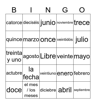 Dates Bingo Card