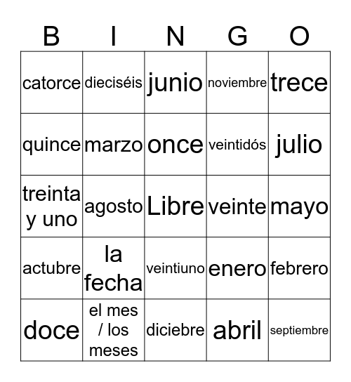 Dates Bingo Card