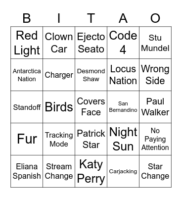 Dodge Charger Game Bingo Card