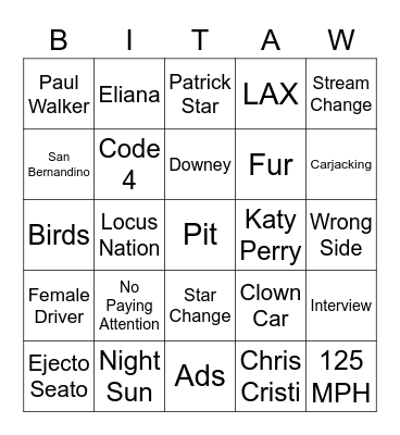 Dodge Charger Bingo Card
