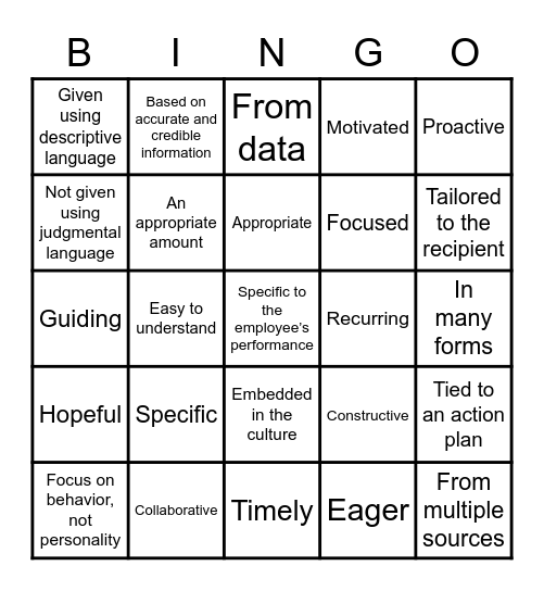 Feedback BINGO !!! Bingo Card