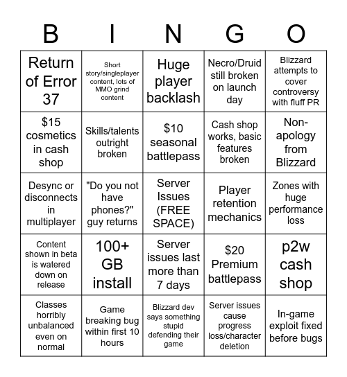 Diablo 4 Release Bingo Card