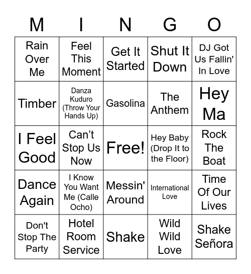 Pitbull Dance Party Bingo Card