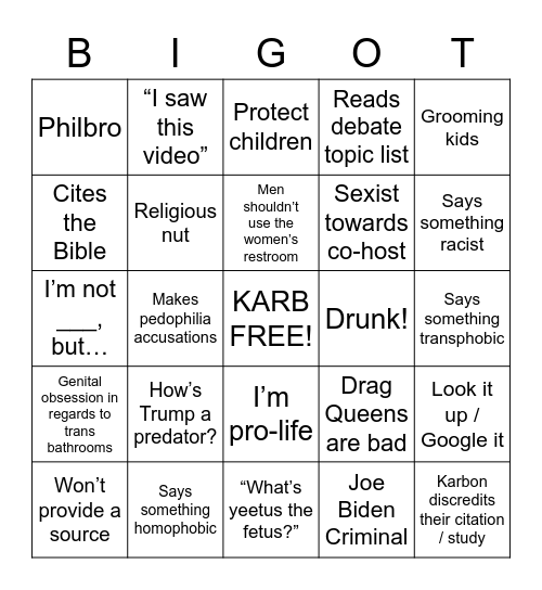 Bigot Bingo! Karbonsays Edition Bingo Card