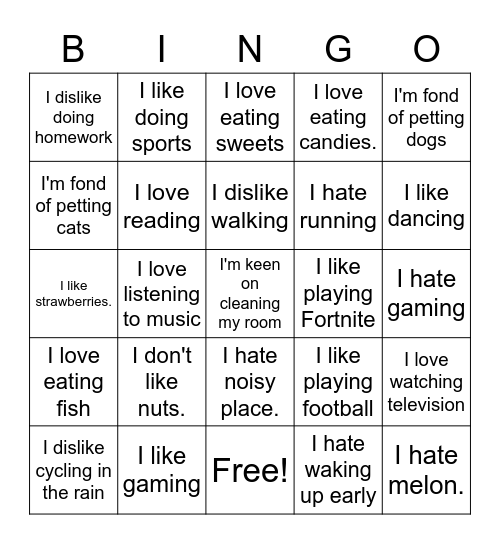 Likes and dislikes Bingo Card