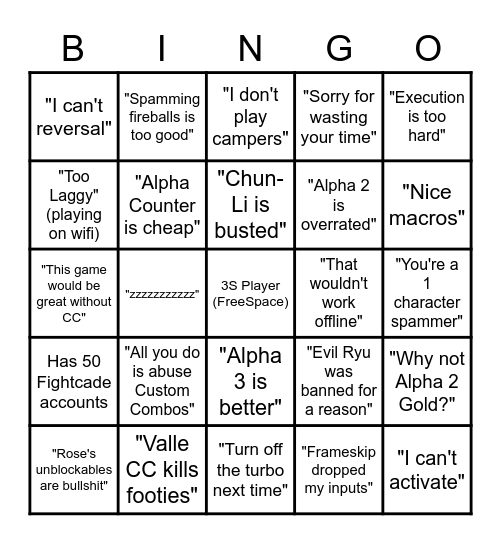 Alpha 2 Fightcade Chat Bingo Card