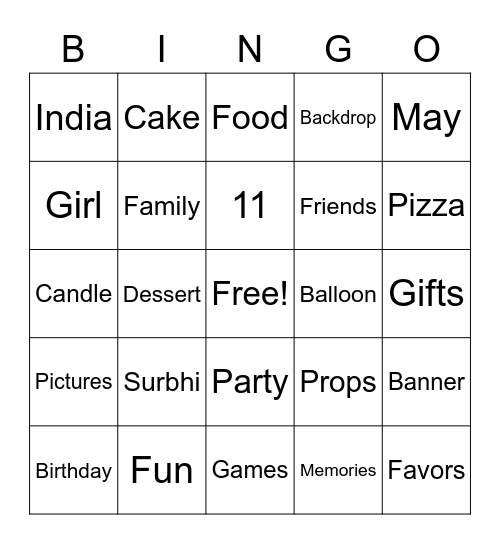 Surbhi's 11th Birthday Bingo Card