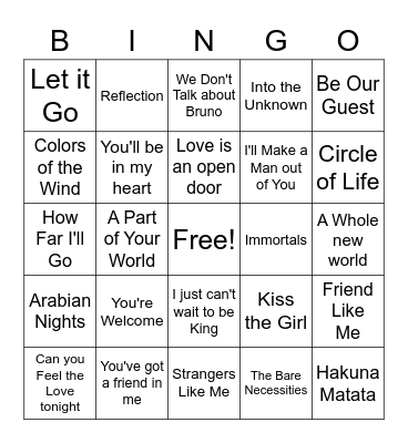 Disney Singo Bingo Card