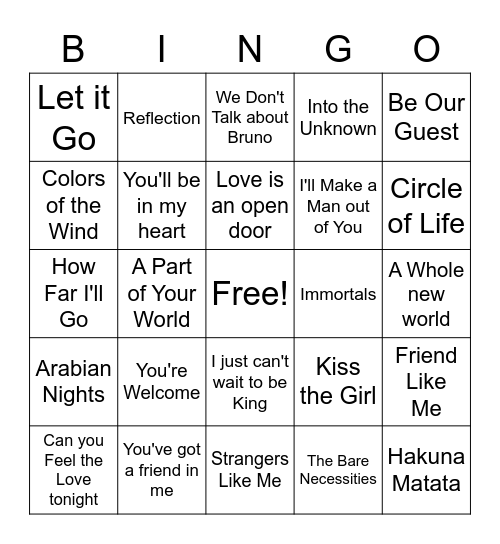 Disney Singo Bingo Card