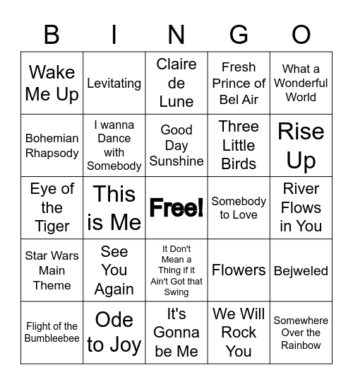Song of the Day Bingo Card