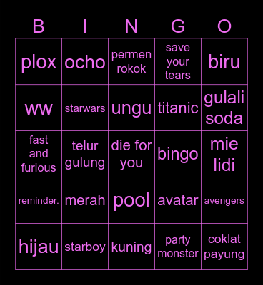 alli Bingo Card