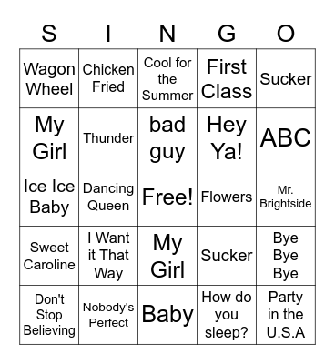 SINGO Bingo Card