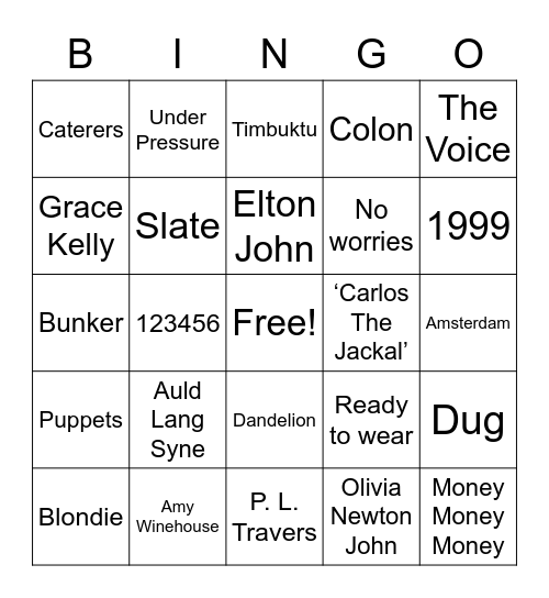 Rex's Music Bingo Card