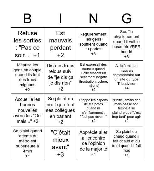 Bingo de l'aigri Bingo Card
