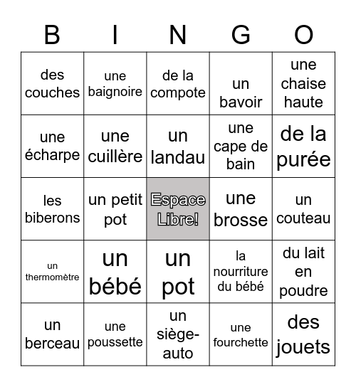 les affaires de bébé Bingo Card