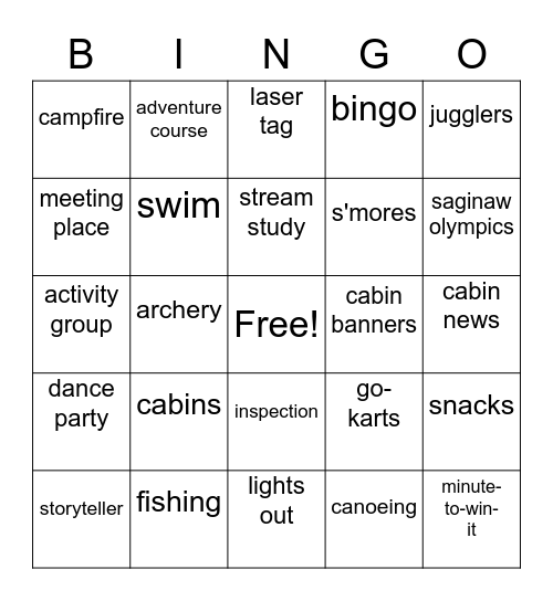 5th Grade Camp Bingo Card