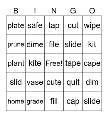 Closed and v-e syllables Bingo Card