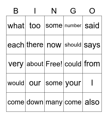 Trick Word Bingo Card