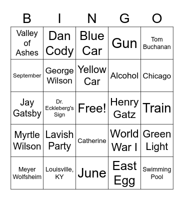 Great Gatsby Bingo Card