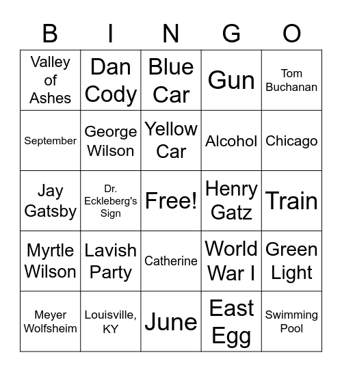 Great Gatsby Bingo Card