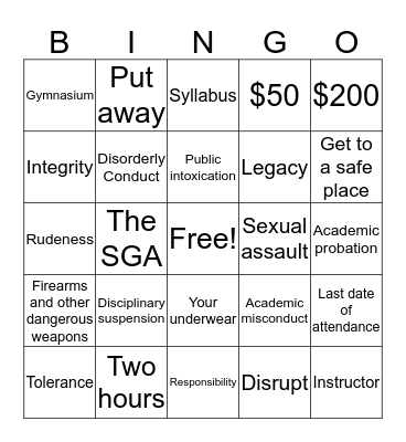 Civility and College Expectations BINGO Card
