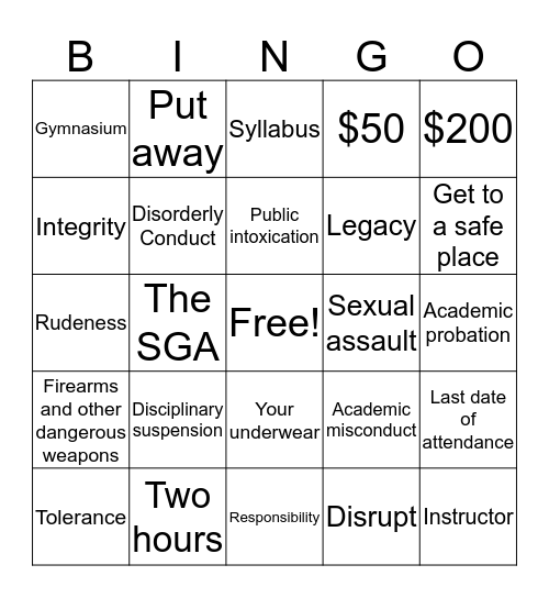 Civility and College Expectations BINGO Card