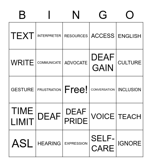 Deaf/Hearing Communication Bingo Card