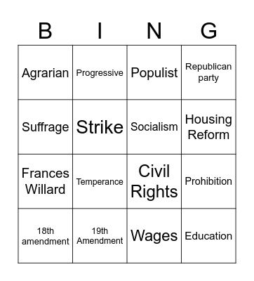 Progressive Era Bingo Card